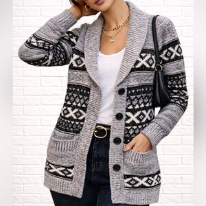 Sansara Fair Isle Shawl Collar Cardigan Sweater Size M